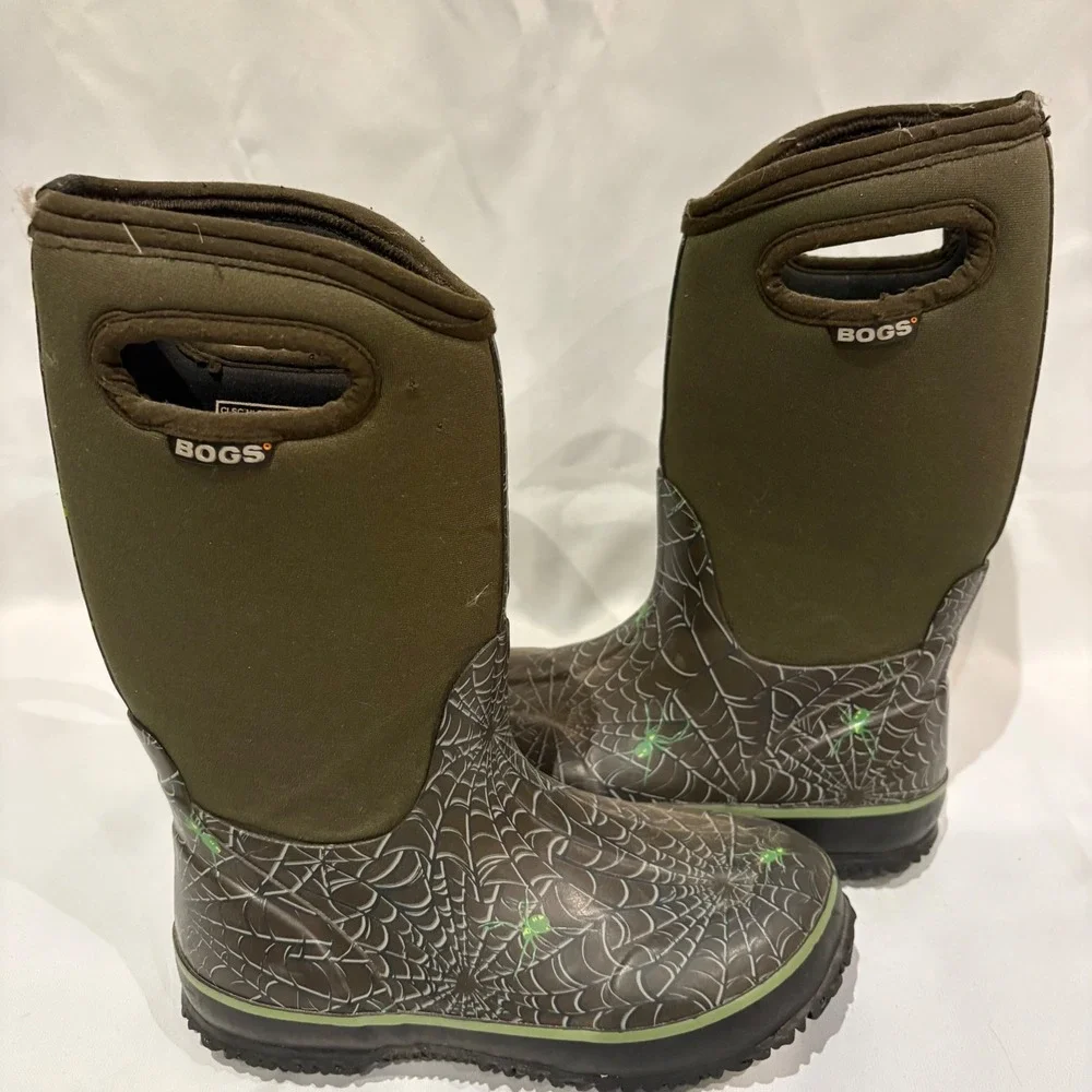 Bogs Classic High Spider Boots Kids 3 Olive Green Waterproof Insulated Rain Snow